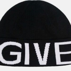 NEW GIVENCHY Black Intarsia Knit Logo Beanie Hat Size